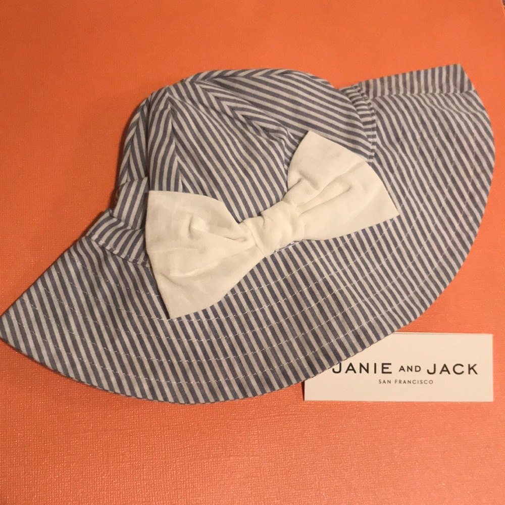 New Janie and Jack 0-3M, 3-6M, 6-12M blue & white striped sun hat w white bow - Picture 1 of 4